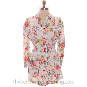Vintage Cotton Smock Housewife Floral Roses Polished Cotton Blouse  I Love Lucy 1950s M-L