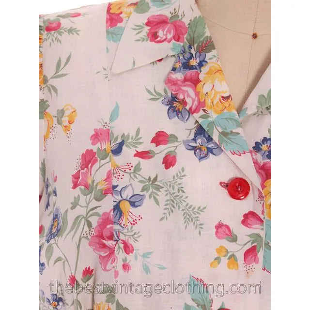Vintage Cotton Smock Housewife Floral Roses Polished Cotton Blouse  I Love Lucy 1950s M-L
