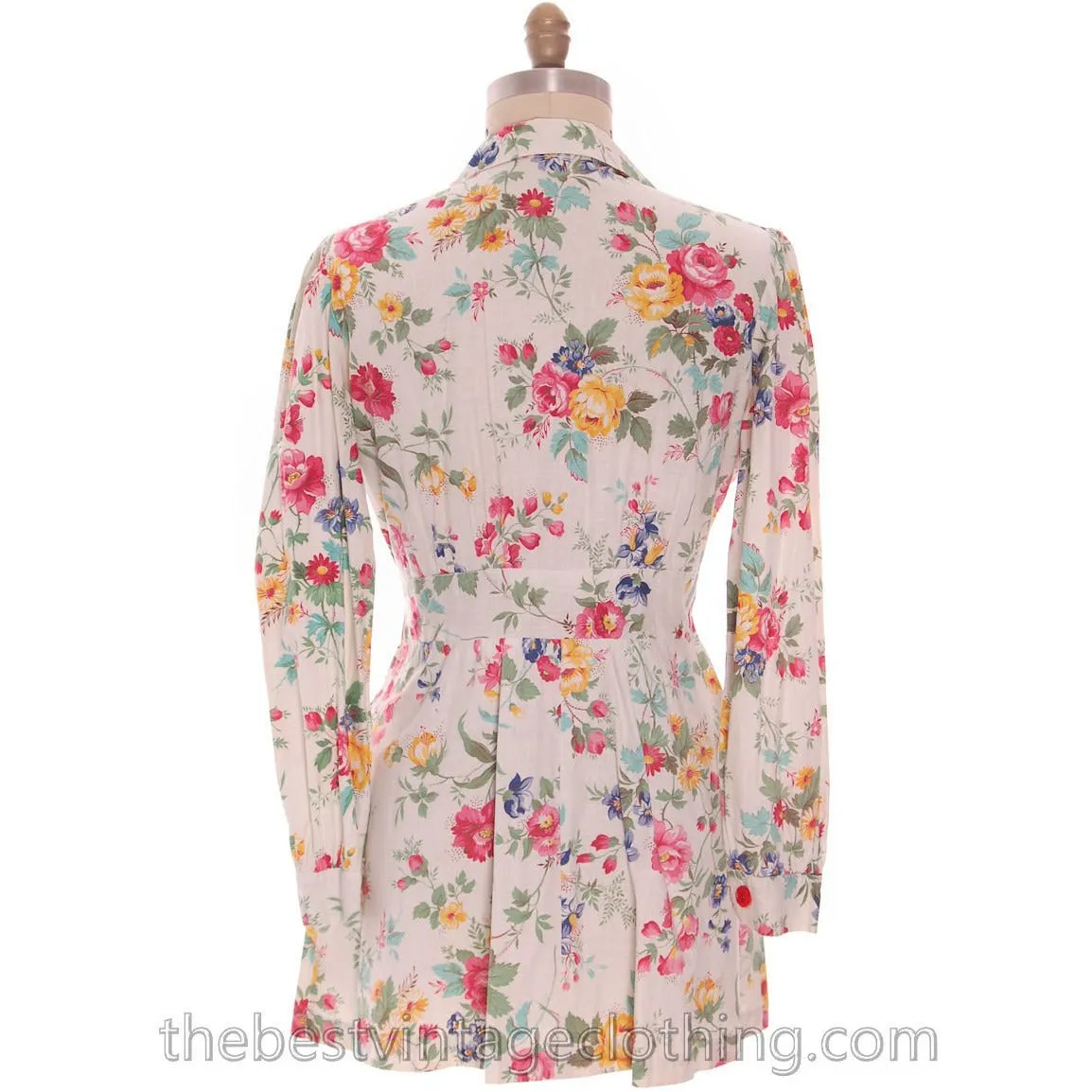 Vintage Cotton Smock Housewife Floral Roses Polished Cotton Blouse  I Love Lucy 1950s M-L