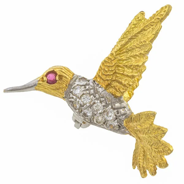 Vintage Diamond & Ruby Hummingbird Pin