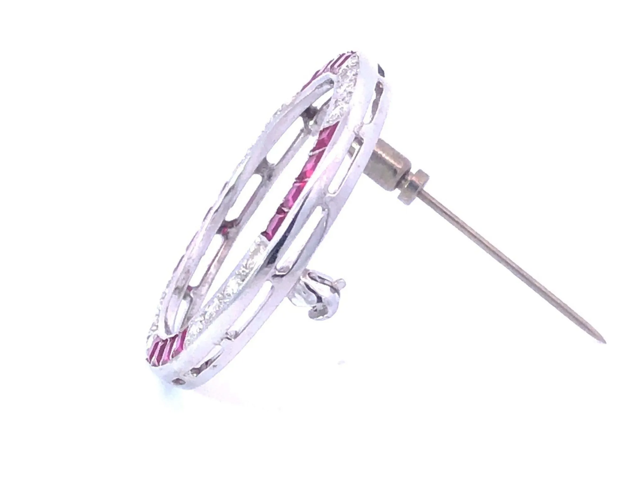 Vintage Diamond and Ruby Circle Brooch in Platinum