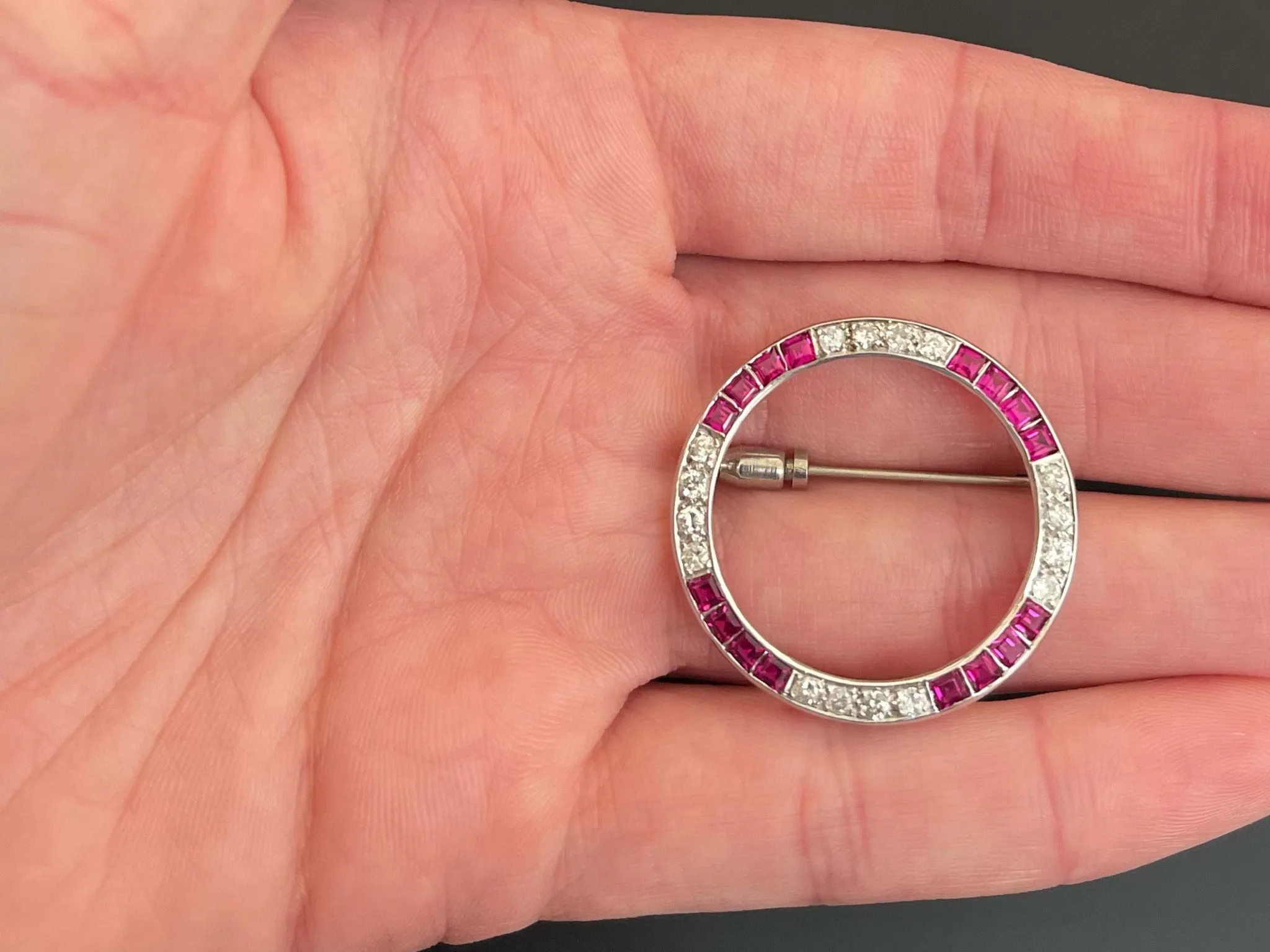 Vintage Diamond and Ruby Circle Brooch in Platinum