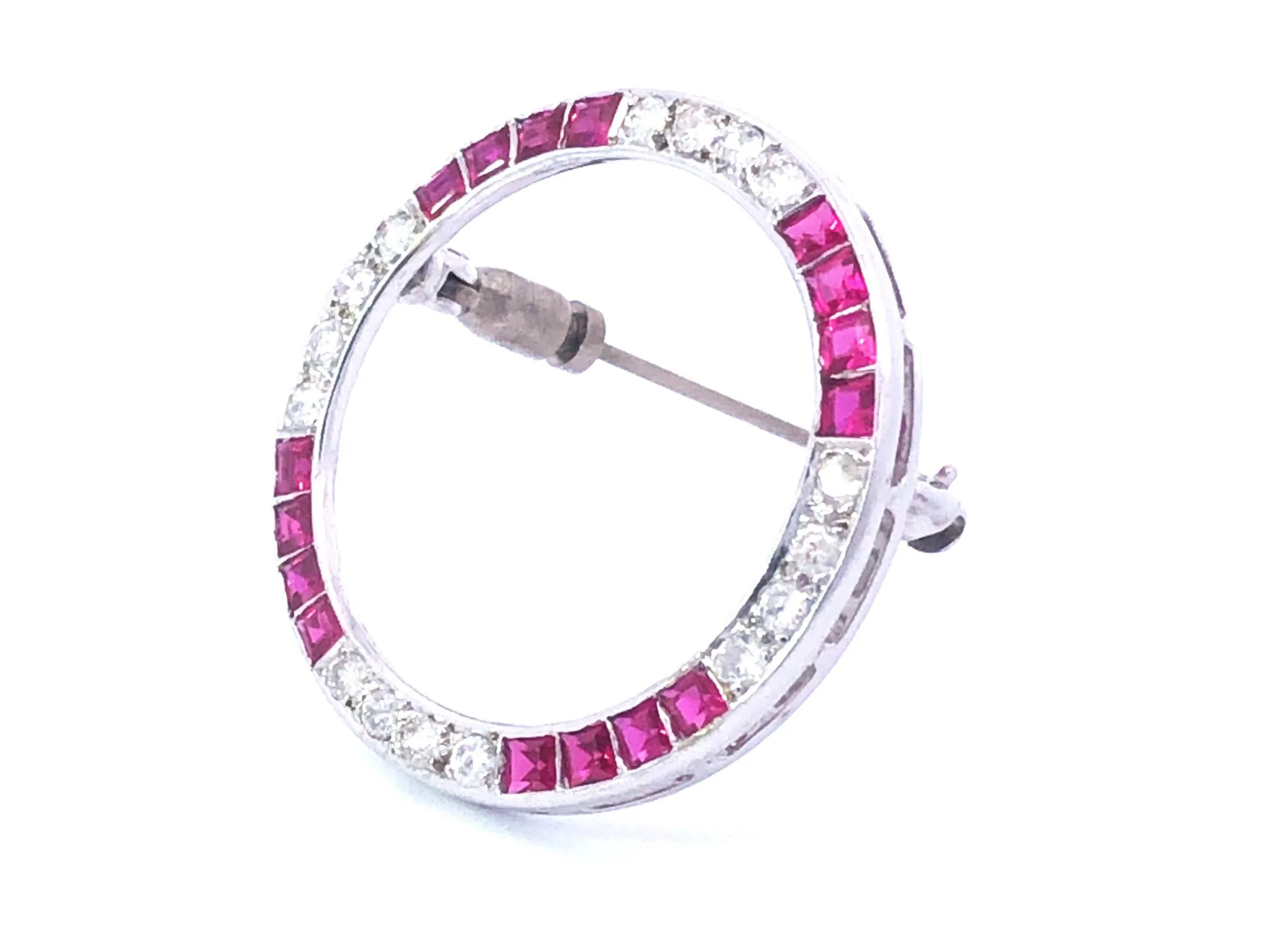 Vintage Diamond and Ruby Circle Brooch in Platinum