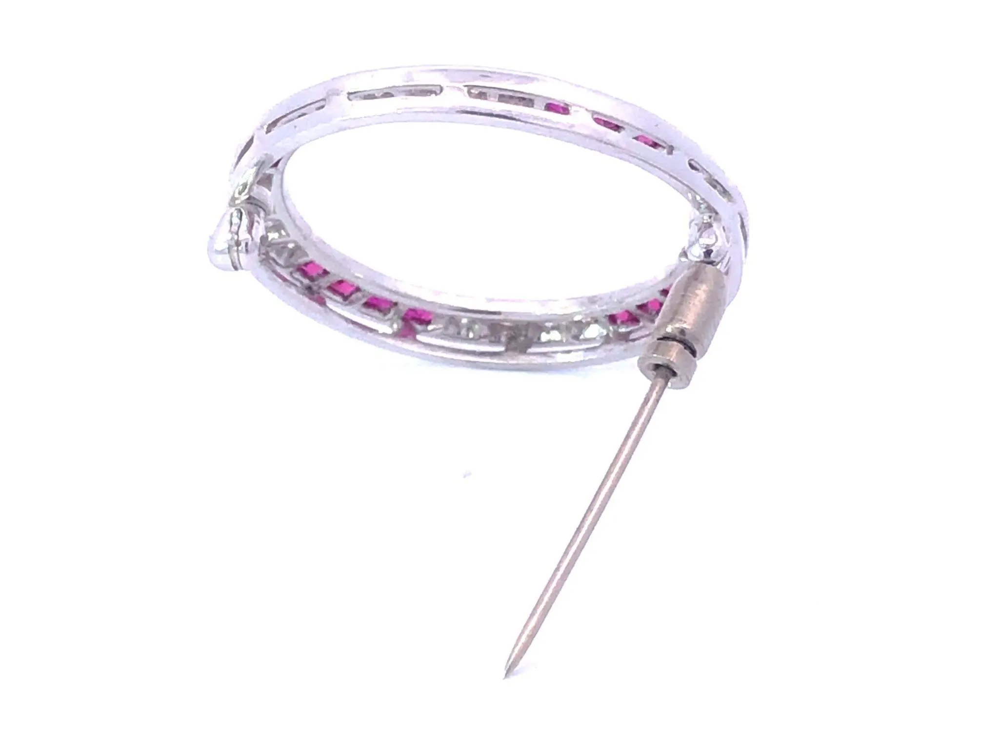 Vintage Diamond and Ruby Circle Brooch in Platinum