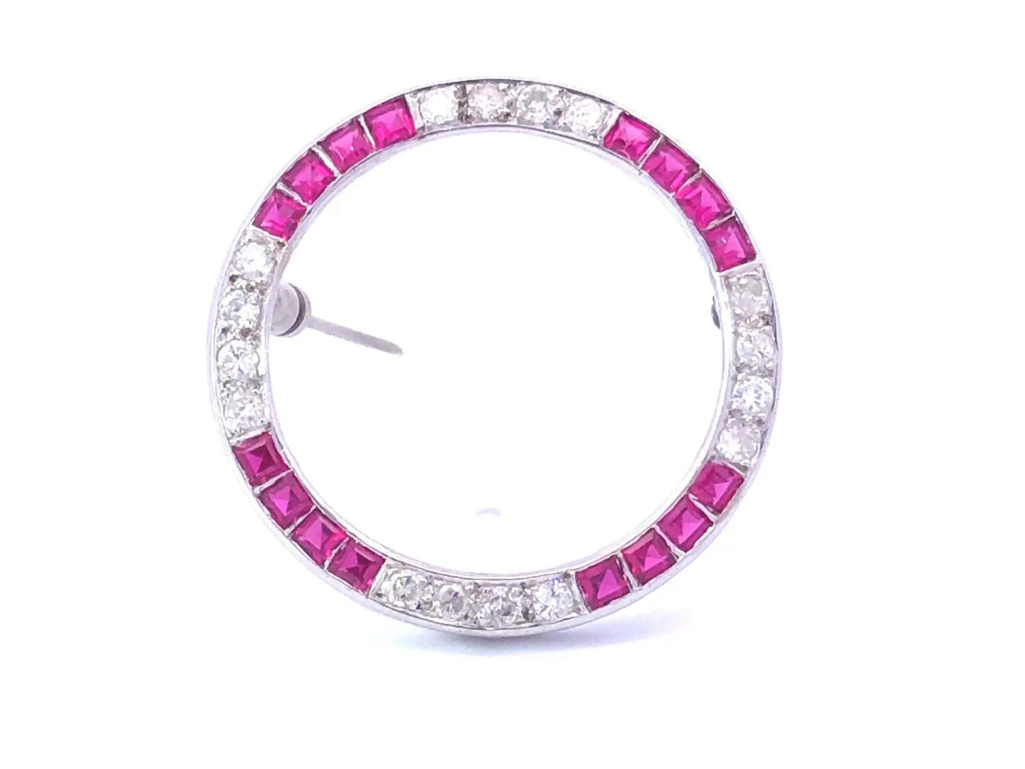 Vintage Diamond and Ruby Circle Brooch in Platinum