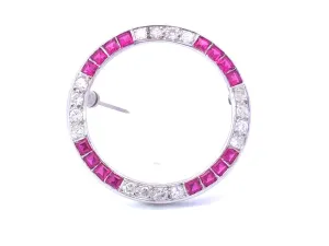 Vintage Diamond and Ruby Circle Brooch in Platinum