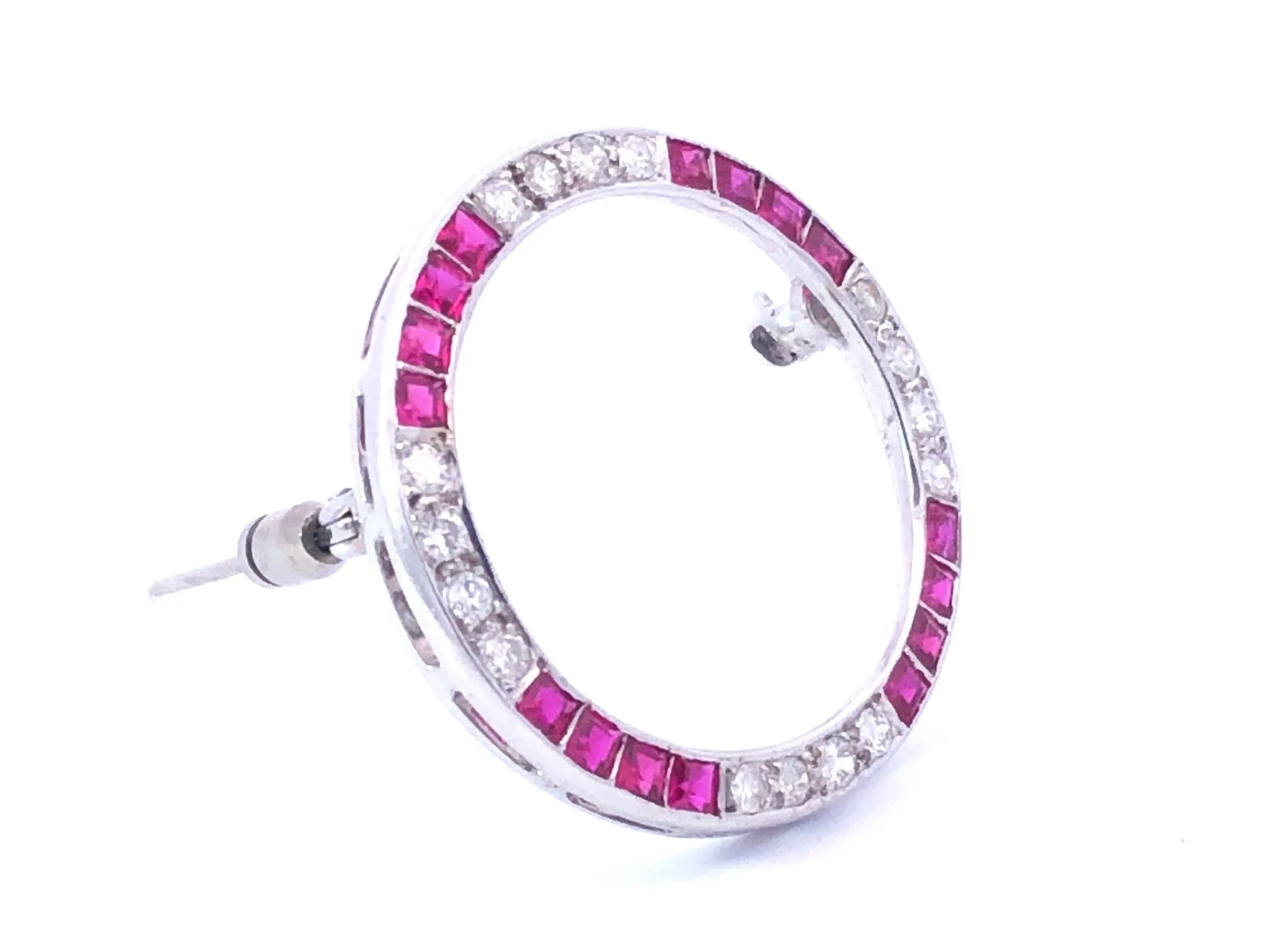 Vintage Diamond and Ruby Circle Brooch in Platinum