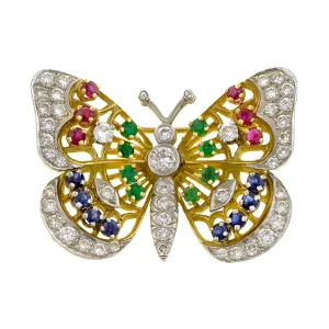 Vintage Diamond, Emerald, Ruby & Sapphire Butterfly Brooch