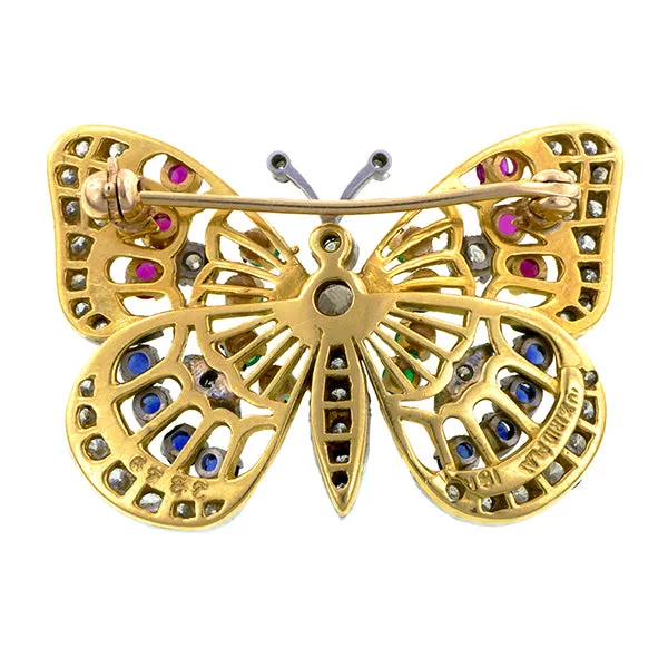 Vintage Diamond, Emerald, Ruby & Sapphire Butterfly Brooch
