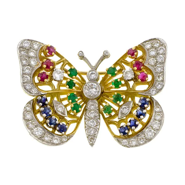 Vintage Diamond, Emerald, Ruby & Sapphire Butterfly Brooch