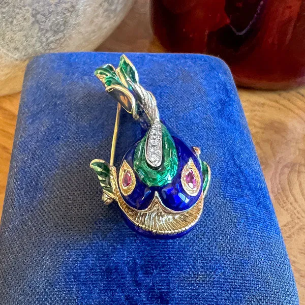 Vintage Diamond Enamel Fish Pin