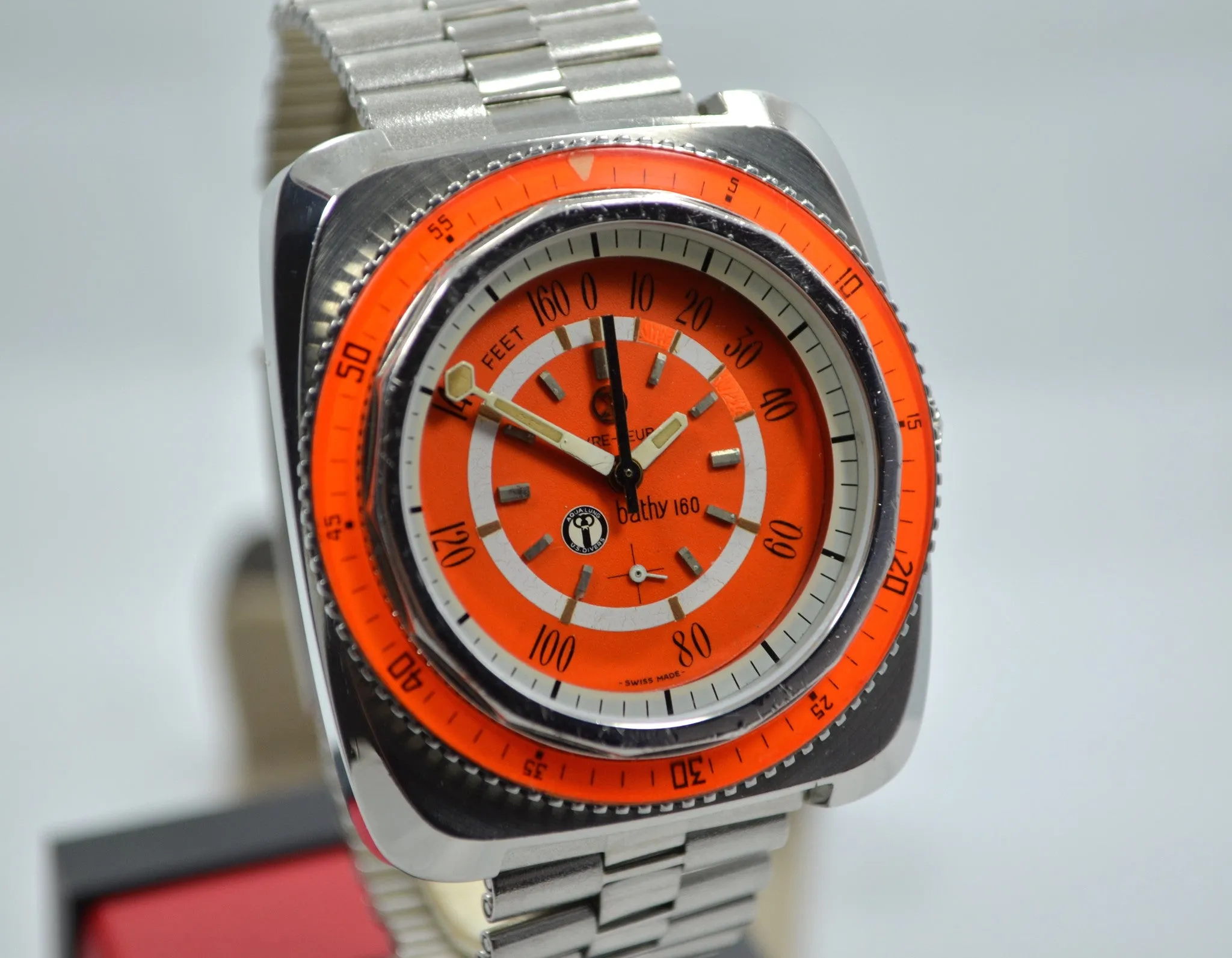 Vintage Favre Leuba Orange Bathy 160 Aqua Lung U.S. Divers Steel Watch