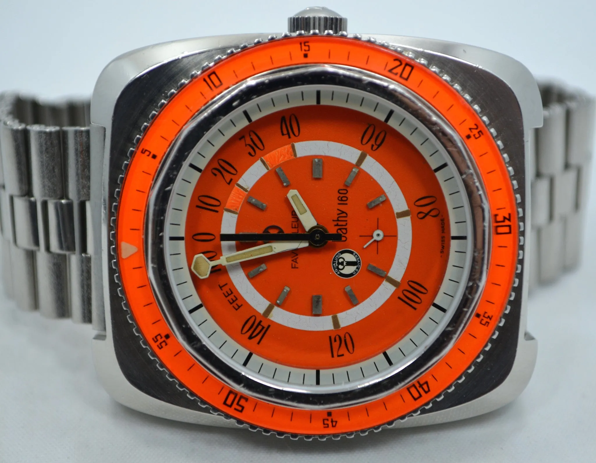 Vintage Favre Leuba Orange Bathy 160 Aqua Lung U.S. Divers Steel Watch