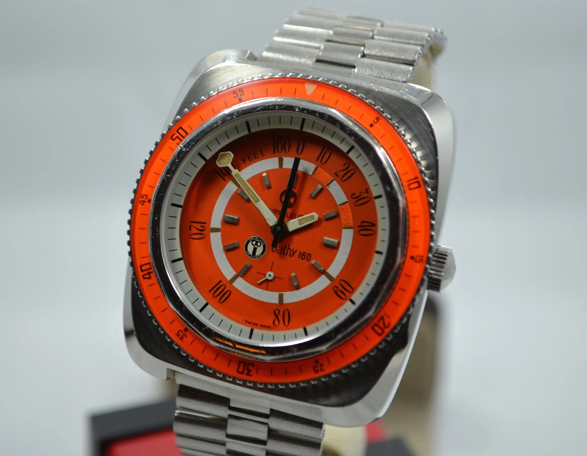 Vintage Favre Leuba Orange Bathy 160 Aqua Lung U.S. Divers Steel Watch