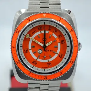 Vintage Favre Leuba Orange Bathy 160 Aqua Lung U.S. Divers Steel Watch
