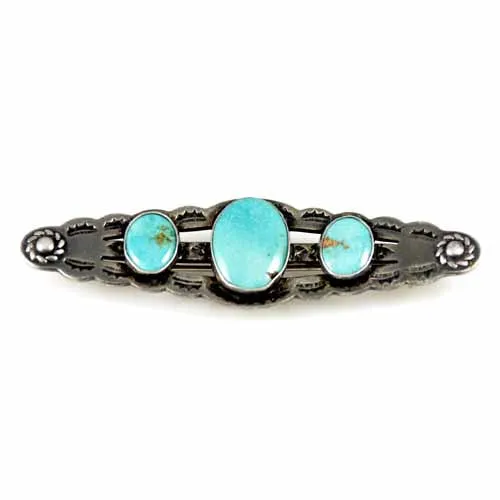 Vintage Genuine Turquoise And Sterling Bar Pin 1940S