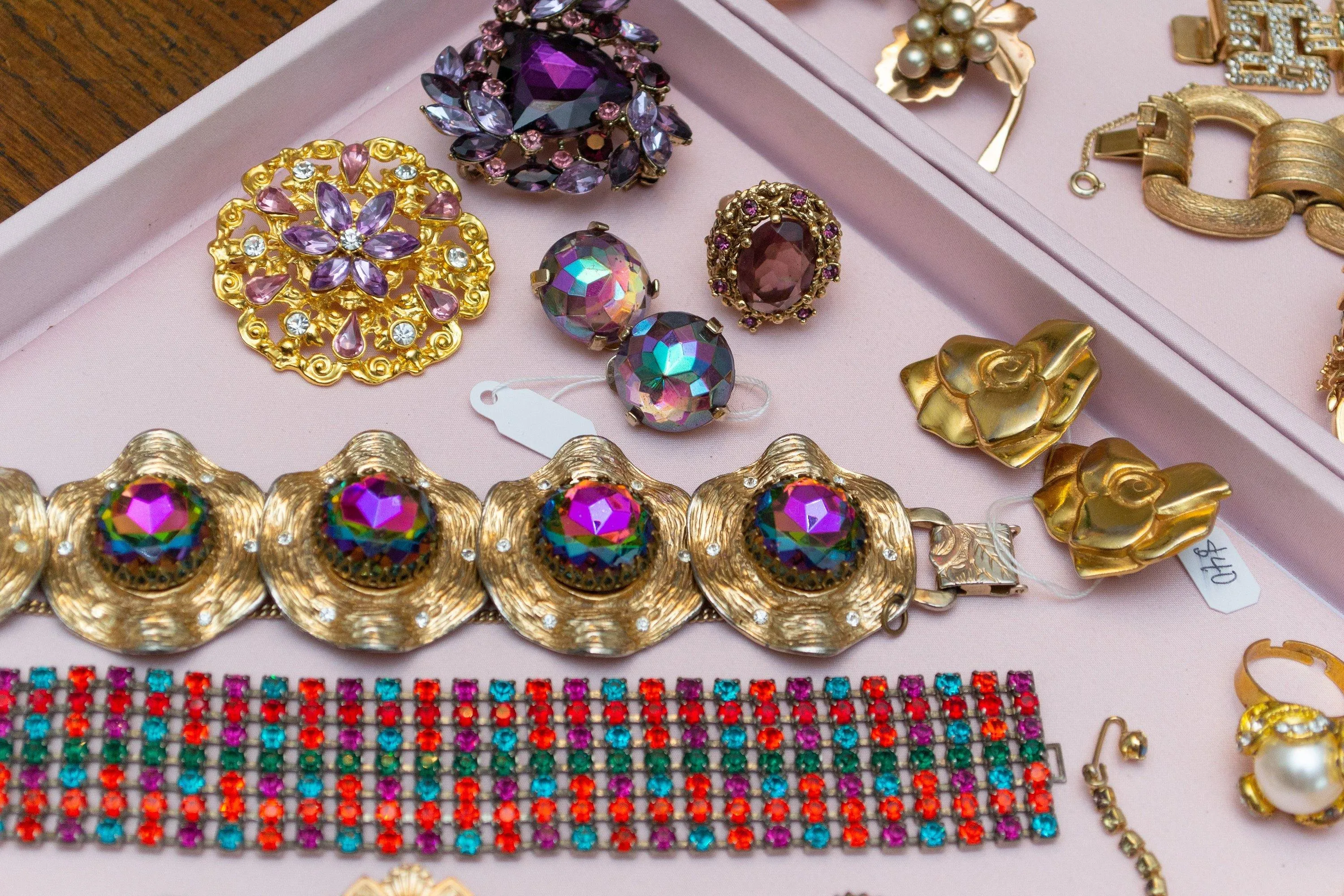 Vintage Gold Medallion Brooch with Pink and Purple Rhinestones