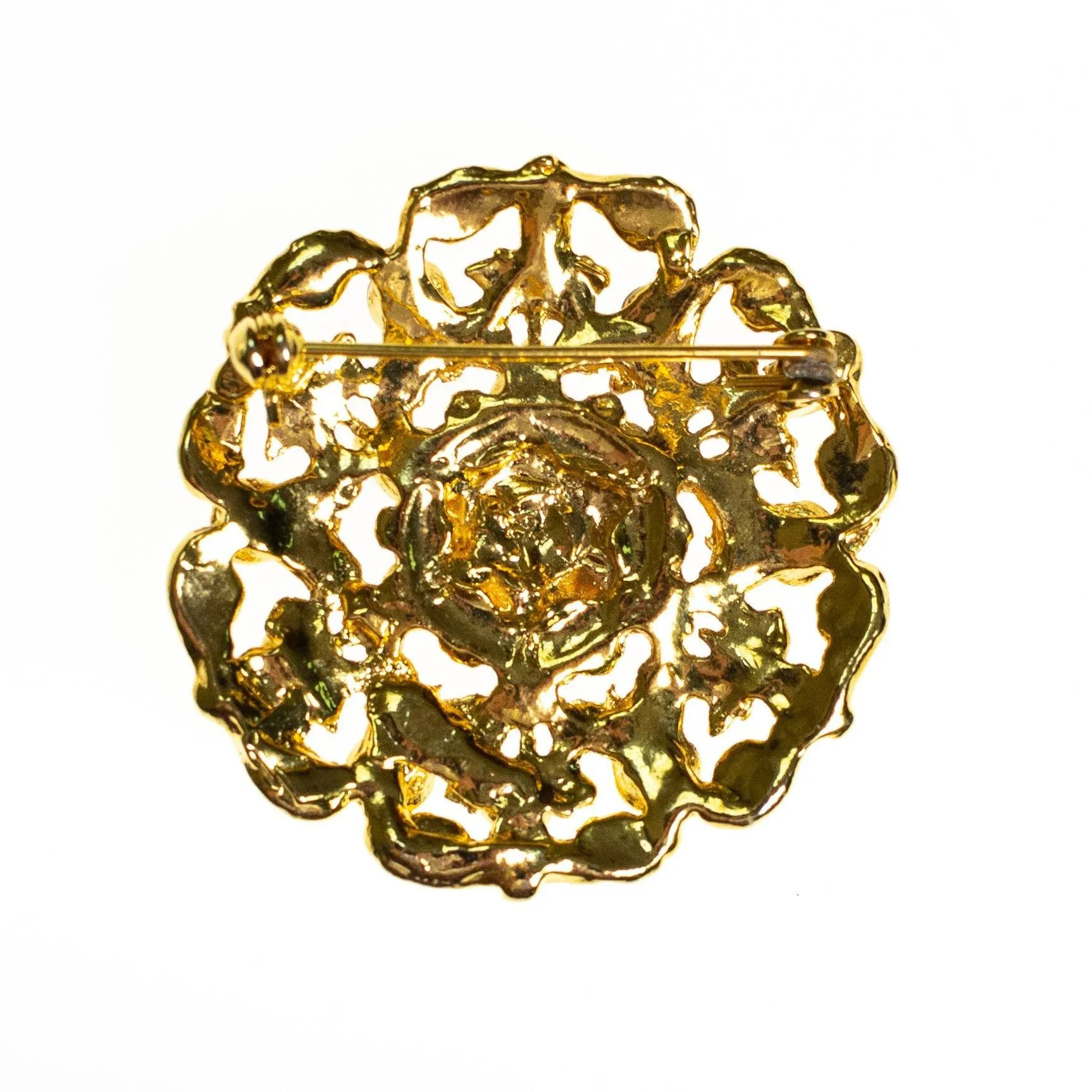 Vintage Gold Medallion Brooch with Pink and Purple Rhinestones