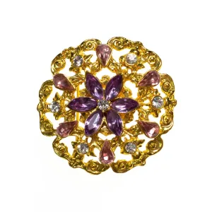 Vintage Gold Medallion Brooch with Pink and Purple Rhinestones