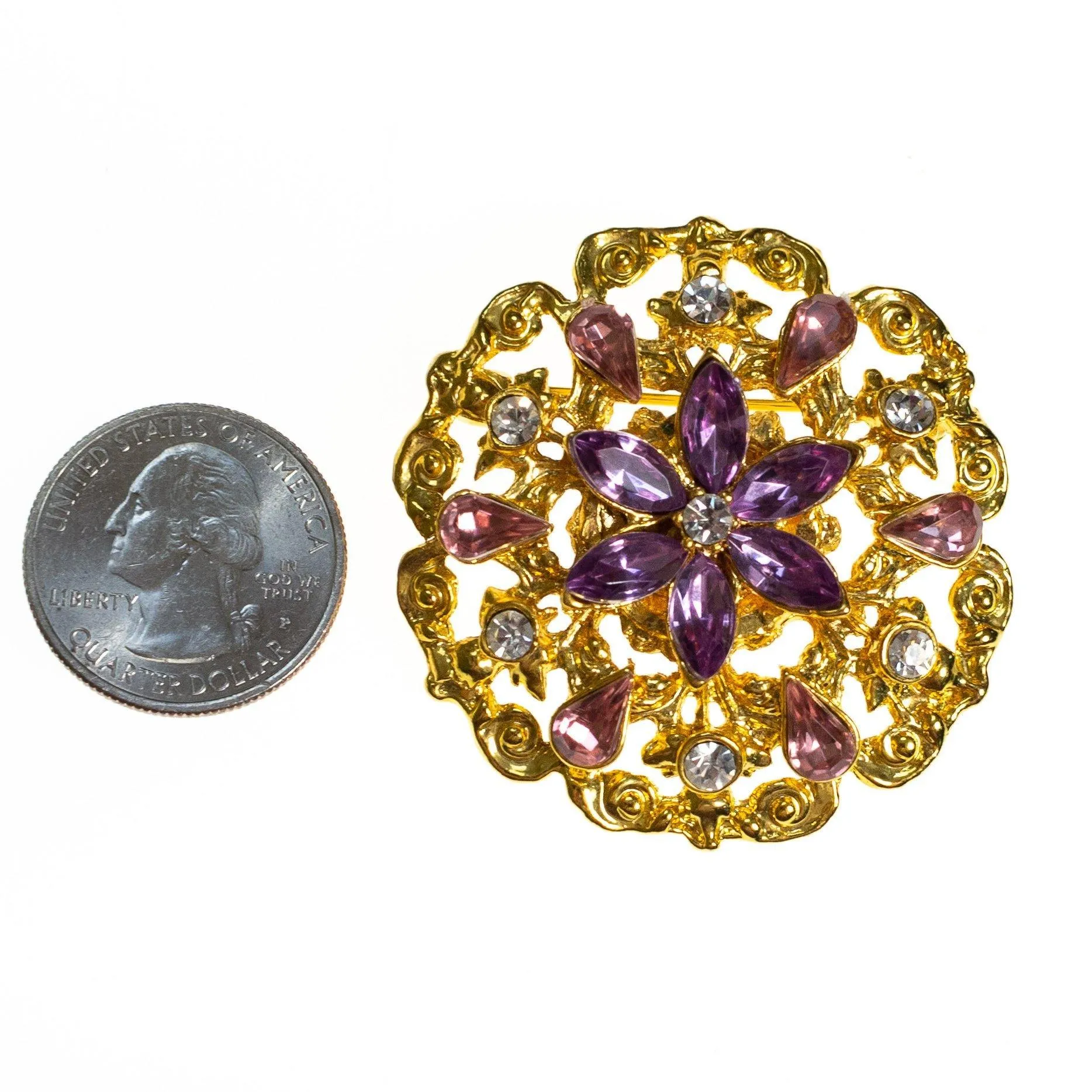 Vintage Gold Medallion Brooch with Pink and Purple Rhinestones