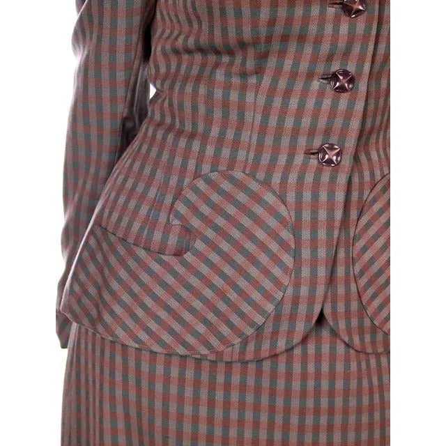 Vintage Green/Taupe/Gray Wool Gab Ladies Suit 1940s Detailed Pockets 36B 23W