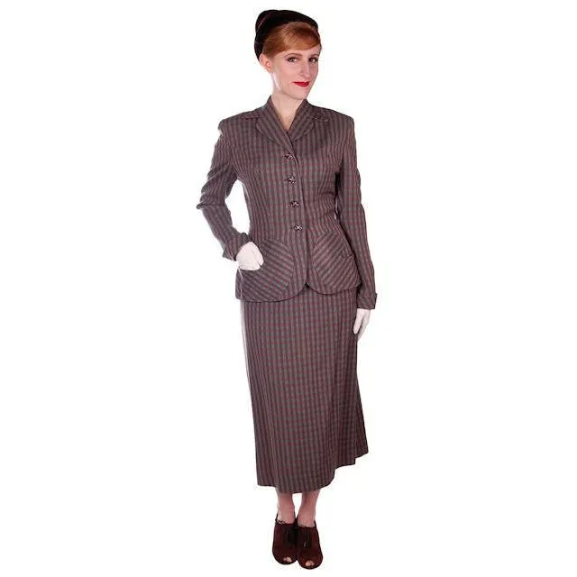 Vintage Green/Taupe/Gray Wool Gab Ladies Suit 1940s Detailed Pockets 36B 23W