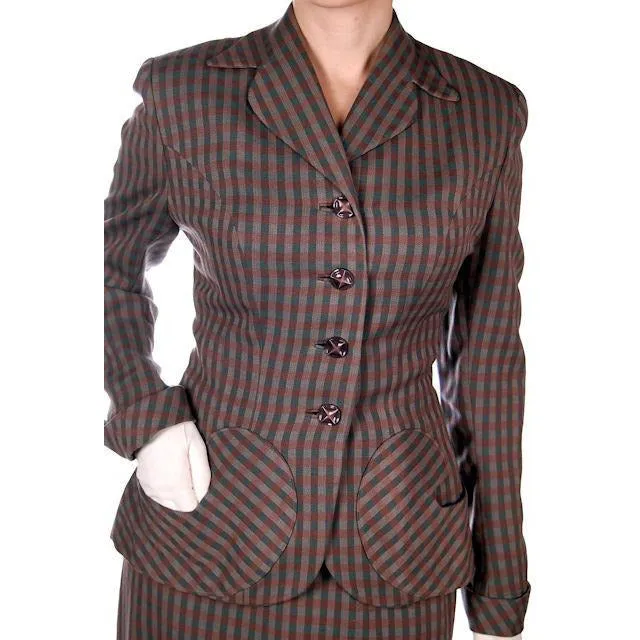 Vintage Green/Taupe/Gray Wool Gab Ladies Suit 1940s Detailed Pockets 36B 23W