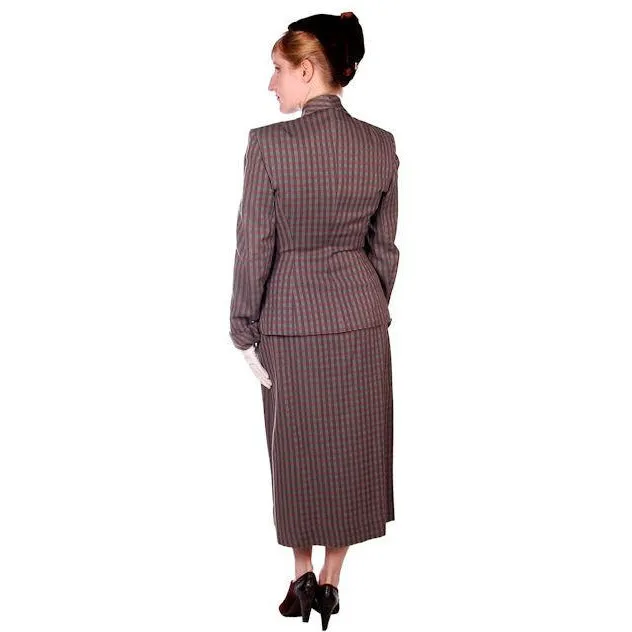 Vintage Green/Taupe/Gray Wool Gab Ladies Suit 1940s Detailed Pockets 36B 23W