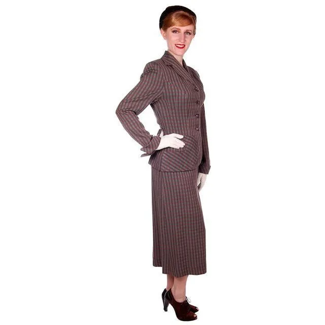 Vintage Green/Taupe/Gray Wool Gab Ladies Suit 1940s Detailed Pockets 36B 23W