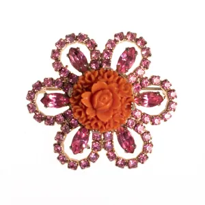 Vintage Kramer NY Coral Celluloid and Pink Rhinestone Brooch