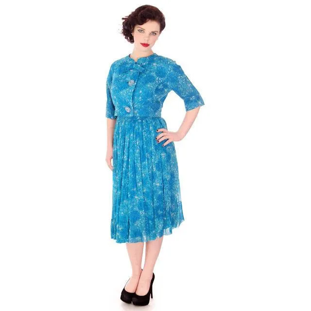 Vintage MCM Silk Chiffon 2Pc Dress/Jacket Blue Floral 1950S Bergdorf On The Plaza 34