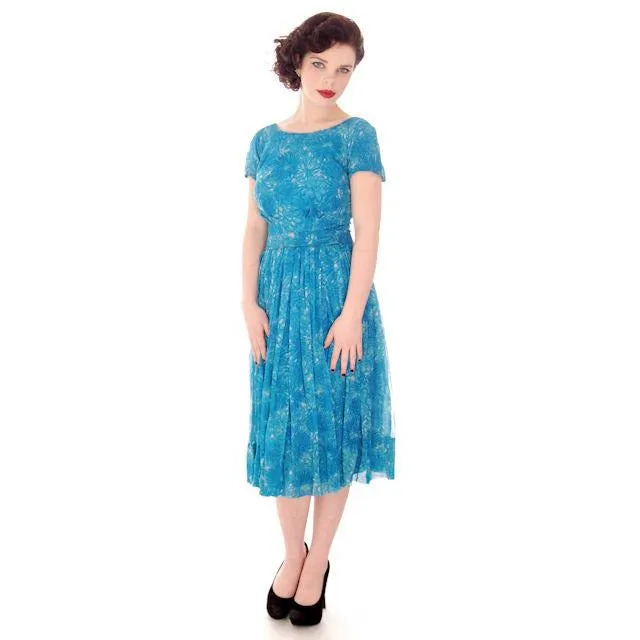 Vintage MCM Silk Chiffon 2Pc Dress/Jacket Blue Floral 1950S Bergdorf On The Plaza 34