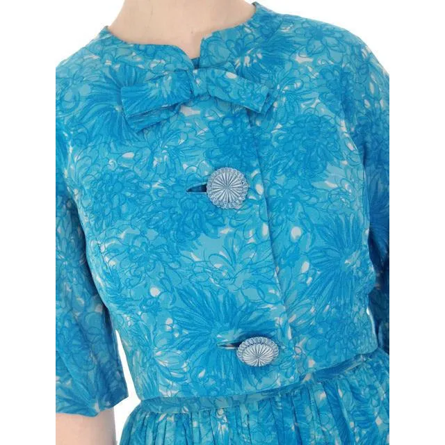 Vintage MCM Silk Chiffon 2Pc Dress/Jacket Blue Floral 1950S Bergdorf On The Plaza 34