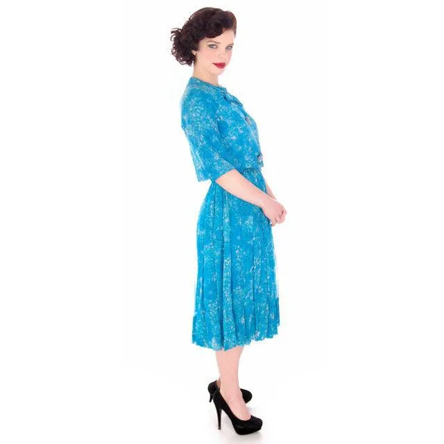 Vintage MCM Silk Chiffon 2Pc Dress/Jacket Blue Floral 1950S Bergdorf On The Plaza 34