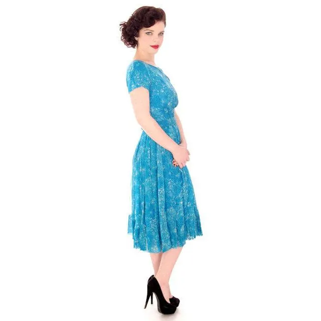Vintage MCM Silk Chiffon 2Pc Dress/Jacket Blue Floral 1950S Bergdorf On The Plaza 34