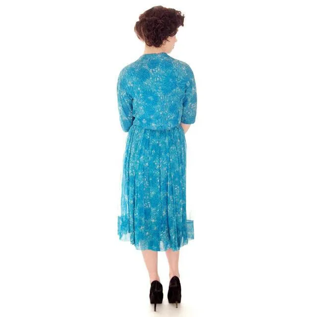 Vintage MCM Silk Chiffon 2Pc Dress/Jacket Blue Floral 1950S Bergdorf On The Plaza 34