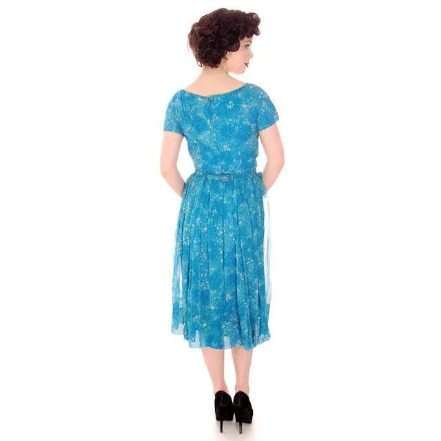 Vintage MCM Silk Chiffon 2Pc Dress/Jacket Blue Floral 1950S Bergdorf On The Plaza 34