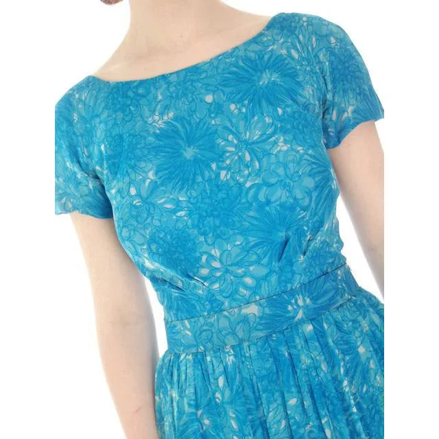 Vintage MCM Silk Chiffon 2Pc Dress/Jacket Blue Floral 1950S Bergdorf On The Plaza 34