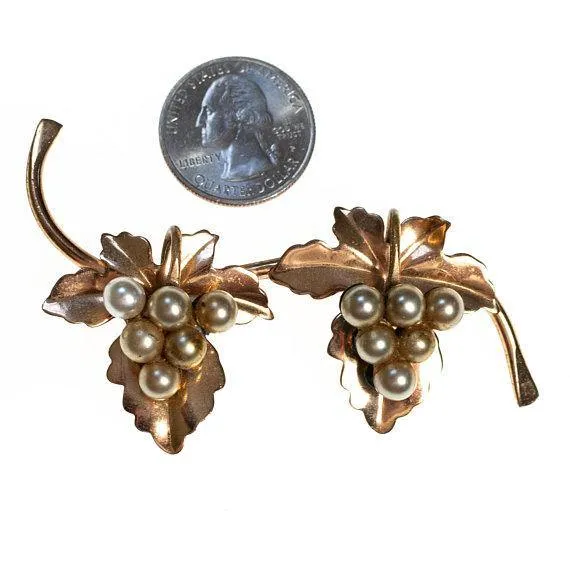 Vintage Pearl Grape and Gold Leaf Brooch