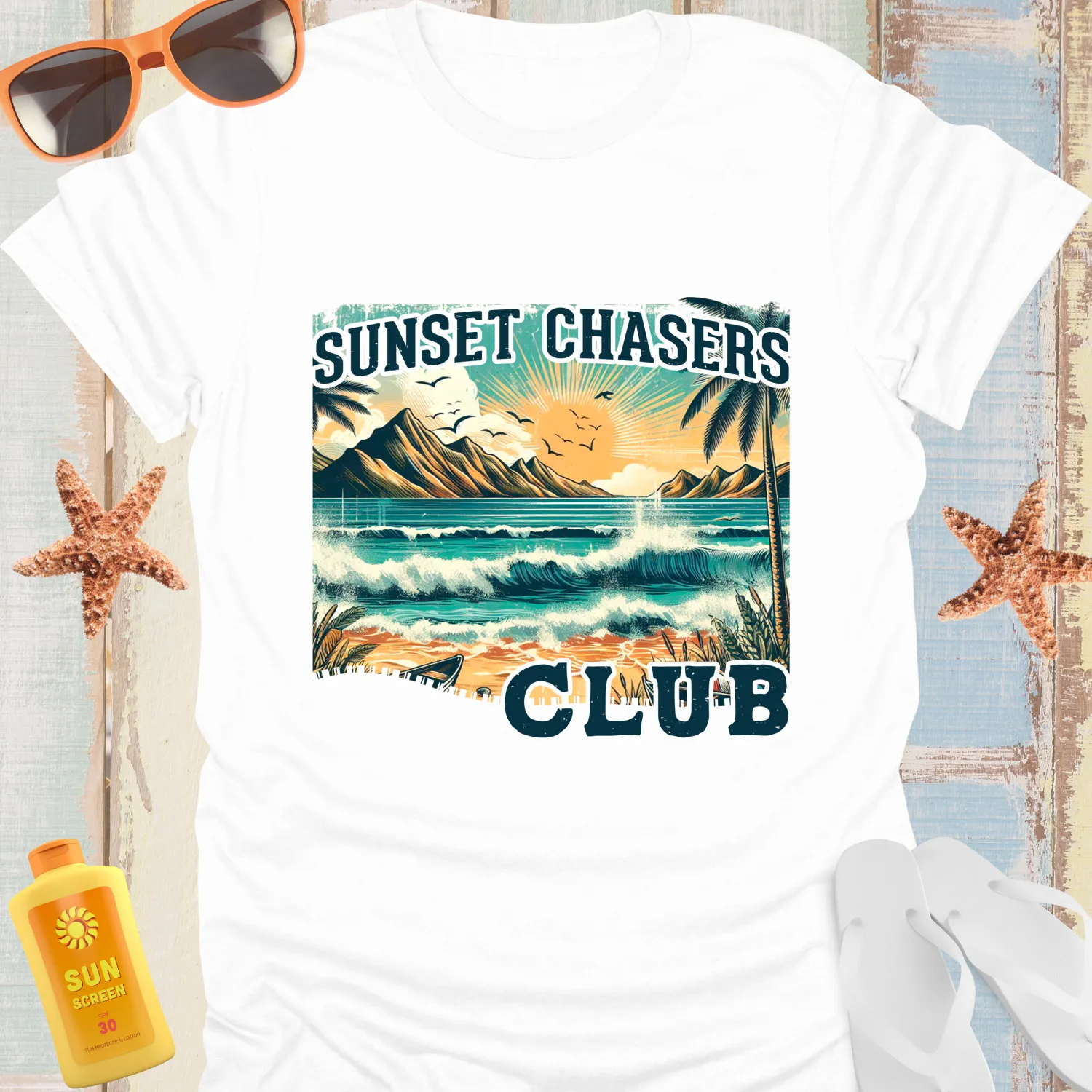 Vintage Sunset Chasers Club Tshirt Retro Beach Vibes