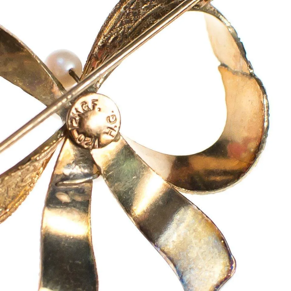 Vintage Victorian Inspired 1/20 12kt Gold Filled Bow Brooch with Pearls