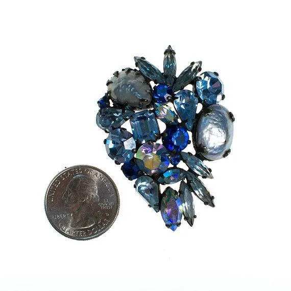 Vintage Weiss Blue Rhinestone and Gray Pearl Brooch