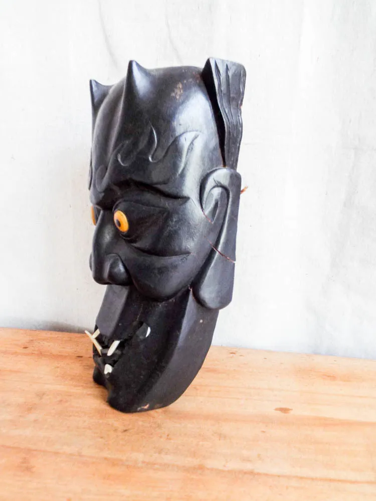 Vintage Wooden Carved Japanese Noh Devil Mask, Wall Hanging
