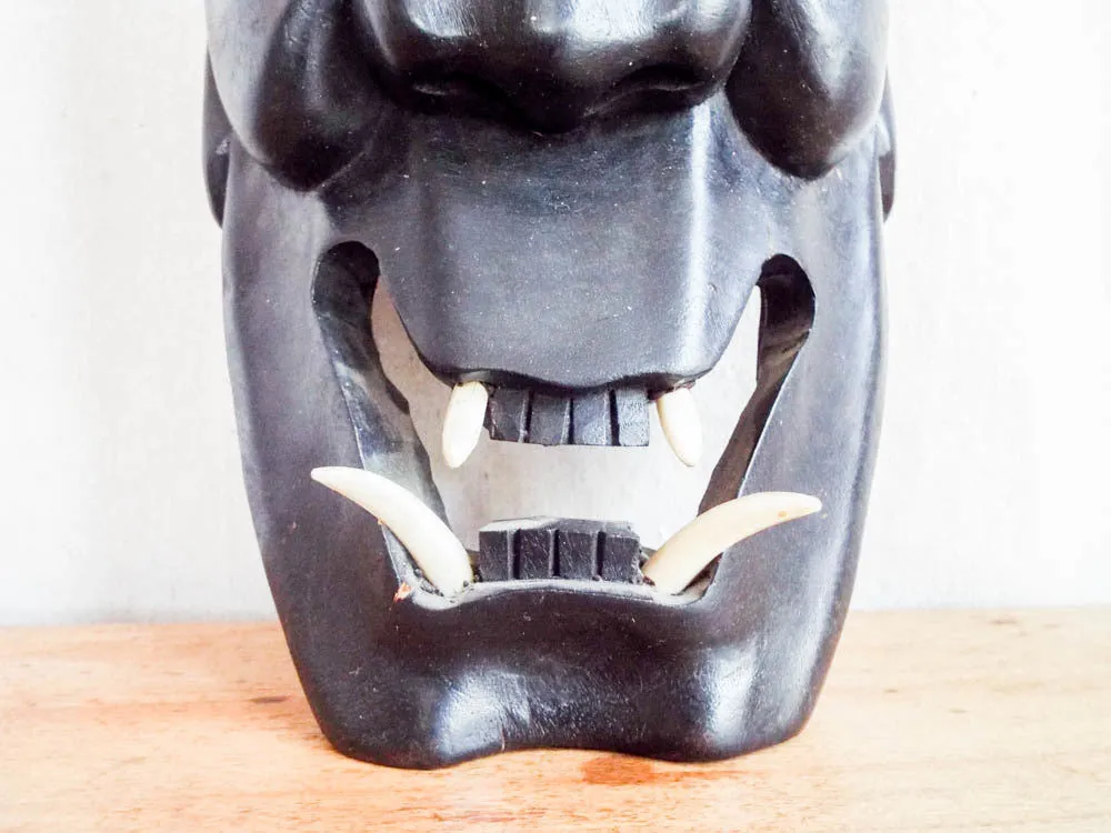 Vintage Wooden Carved Japanese Noh Devil Mask, Wall Hanging