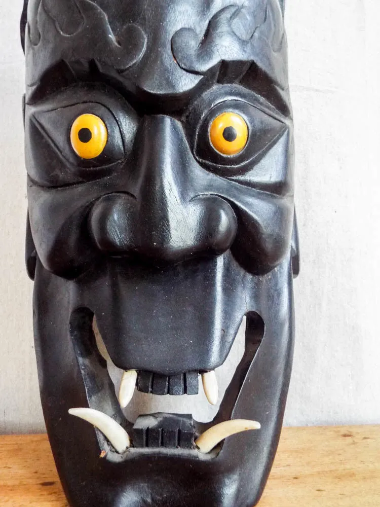 Vintage Wooden Carved Japanese Noh Devil Mask, Wall Hanging