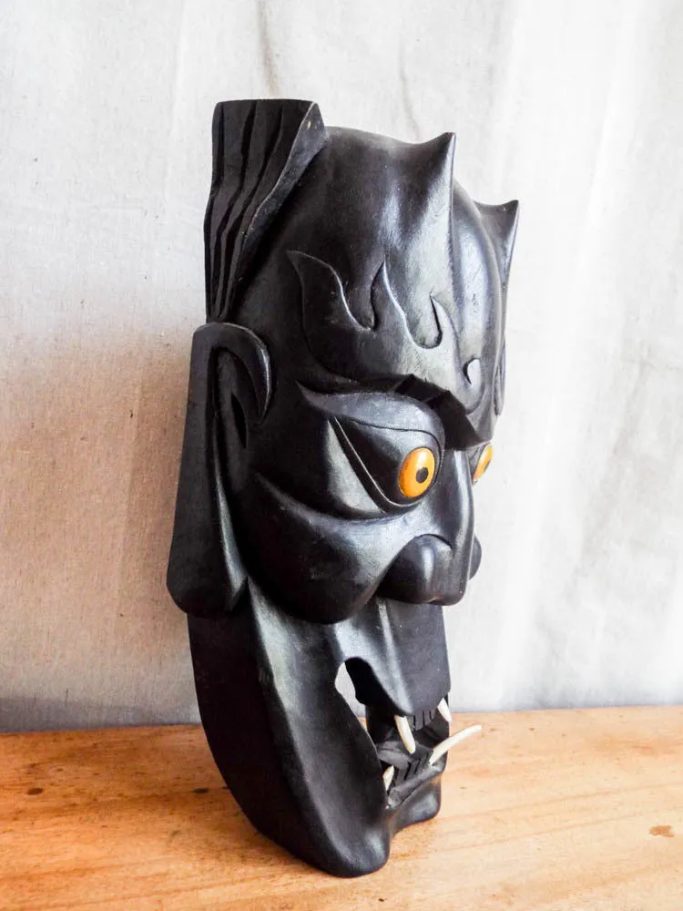 Vintage Wooden Carved Japanese Noh Devil Mask, Wall Hanging