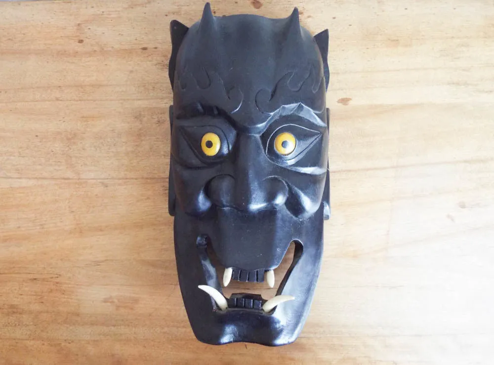 Vintage Wooden Carved Japanese Noh Devil Mask, Wall Hanging
