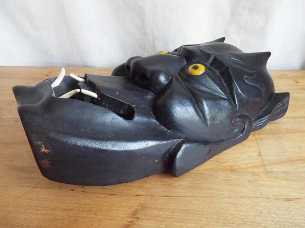 Vintage Wooden Carved Japanese Noh Devil Mask, Wall Hanging