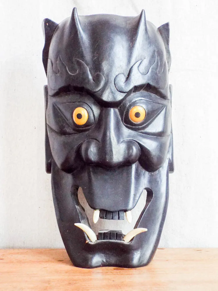 Vintage Wooden Carved Japanese Noh Devil Mask, Wall Hanging