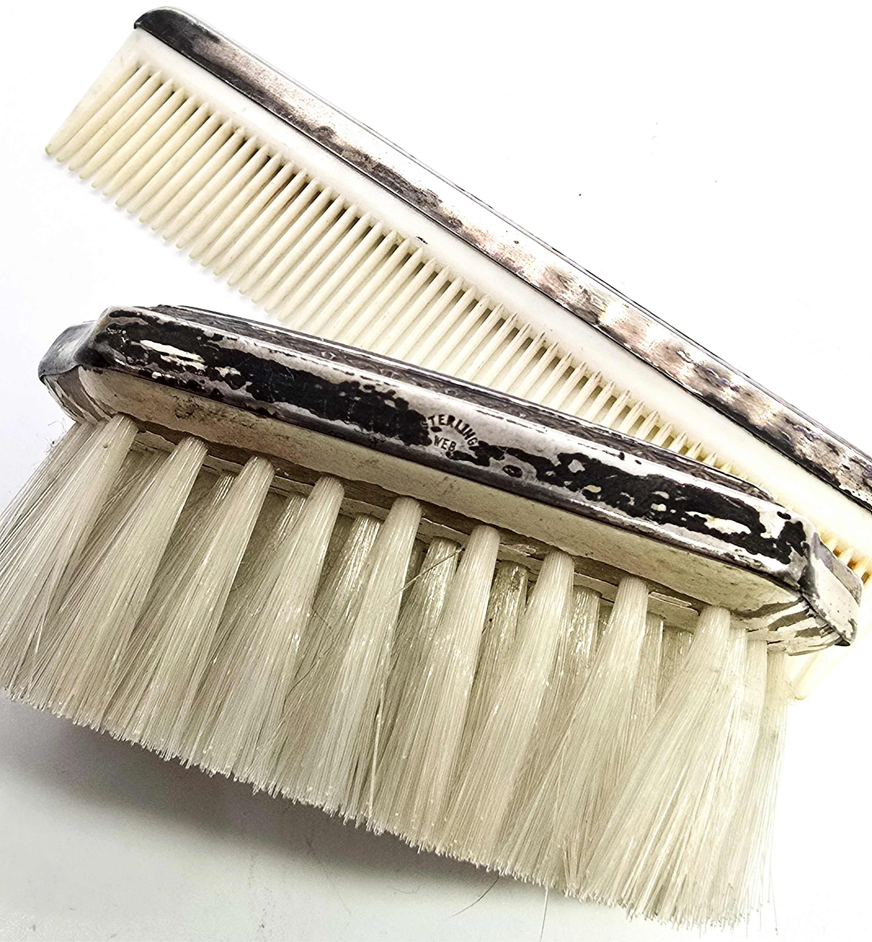 Web Sterling Antique Brush and comb set sterling silver topped baby brush combo